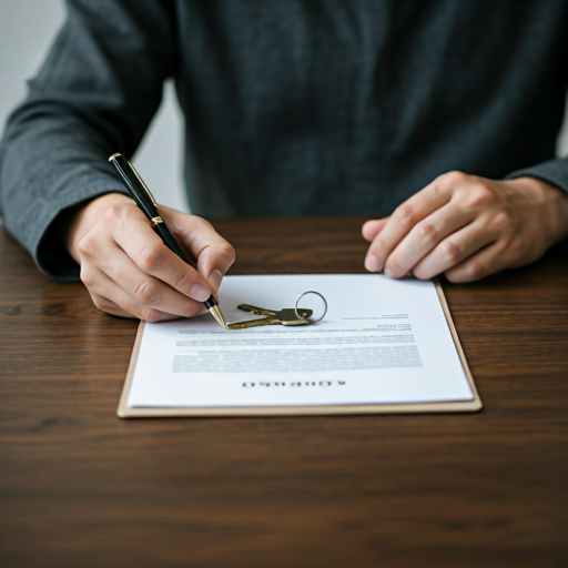 Person signing a document with keys on the table
